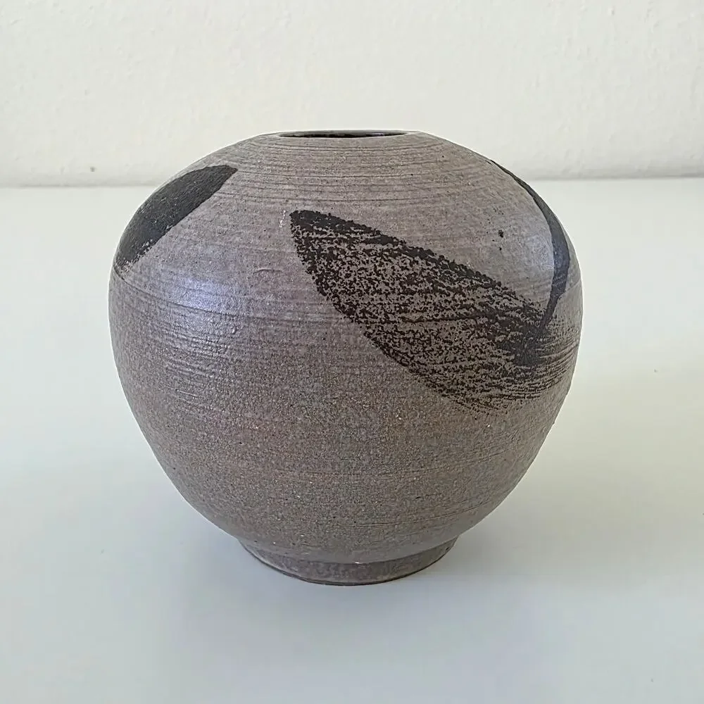 Vintage Studio Pottery Modernist Vase Round Brown Black Brushstroke Design